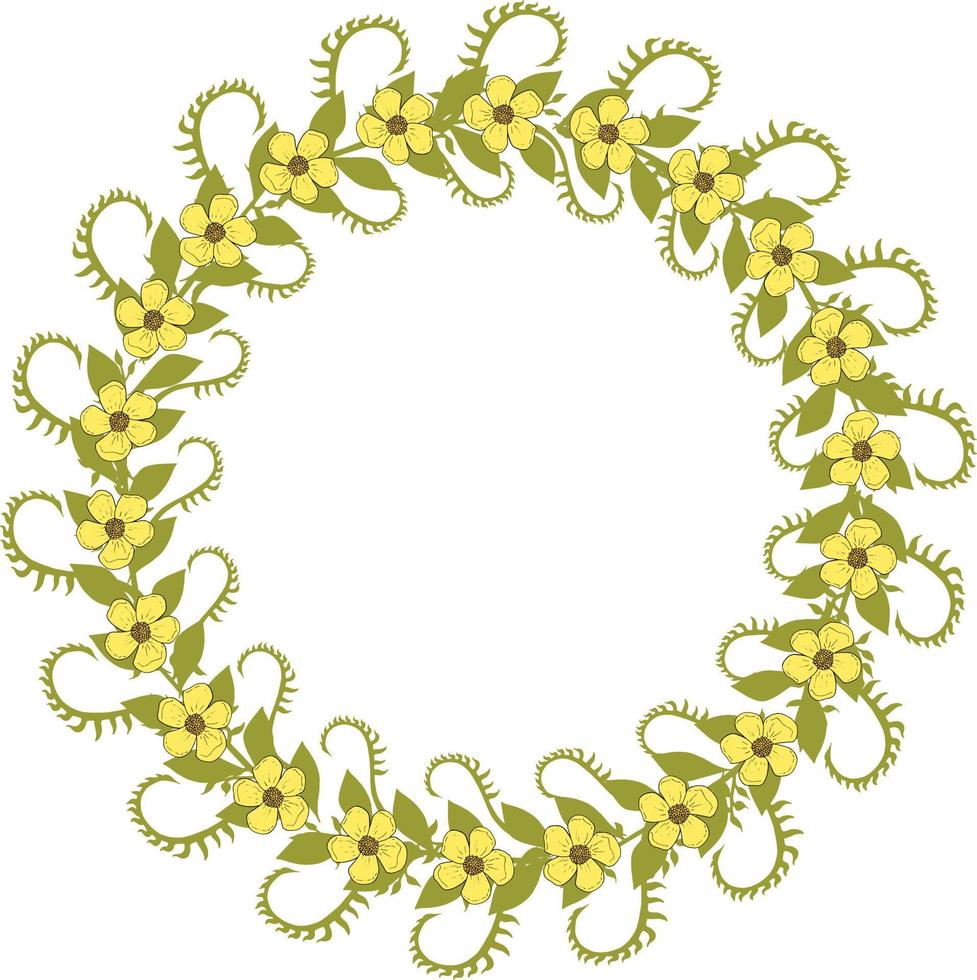 runder rahmen mit positiven butterblumen und grünen dekorativen elementen auf weißem hintergrund. Vektorbild. vektor
