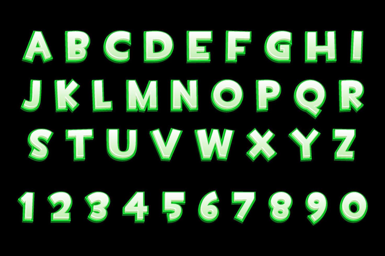 3D-Grün-Neon-Alphabet und Zahlen für UI-Spiele, Text. vektor