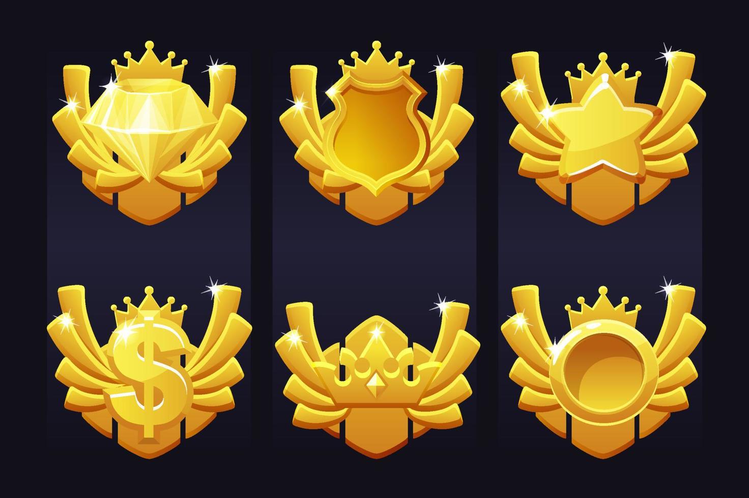 ange gyllene utmärkelser med ikoner krona, dollar, diamant, sköld för ui-spel. vektor illustration samling ikon mallar för vinnare.