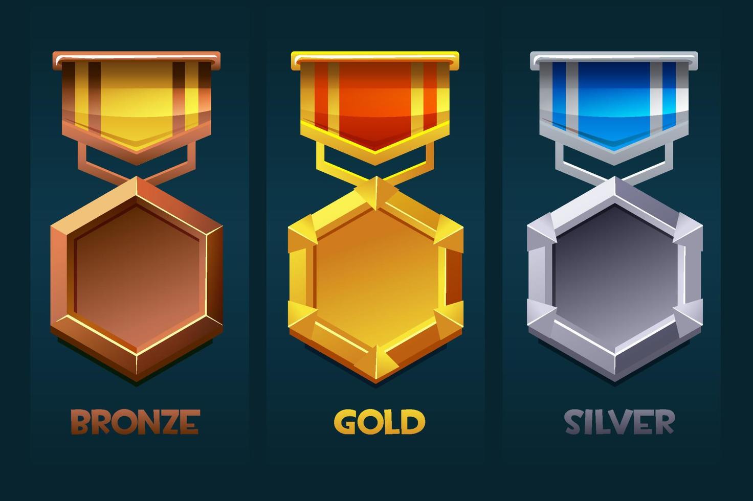 level up abzeichen belohnungssymbol gold, silber, bronze für ui-spiele. vektor