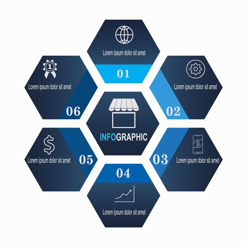 blå hexagon infographic med ikoner vektor