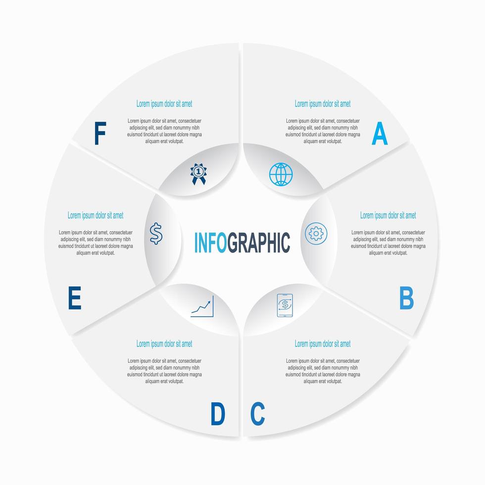 kreisförmige Infografik mit 6 Schritten und Symbolen vektor