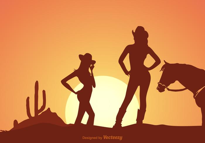 Gratis Cowgirls Silhouette At Sunset Vector