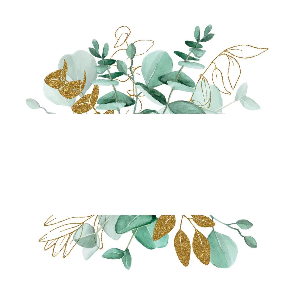 Aquarellzeichnung. glitzerrahmen aus eukalyptusblättern und golden glänzenden blättern und zweigen. Design für Hochzeiten, Karten, Einladungen, Grüße. isoliert auf weißem Hintergrund mit Platz für Text vektor