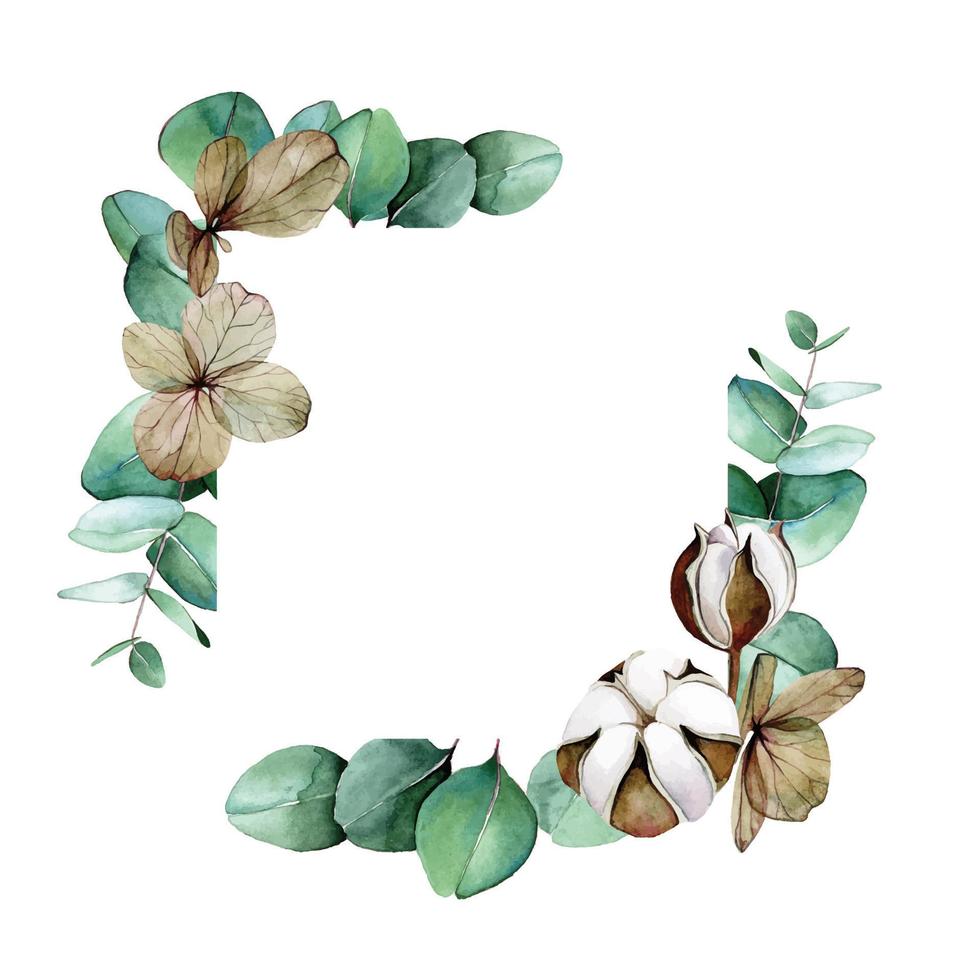 akvarell fyrkantig ram med eukalyptusblad, torr hortensia och bomullsblommor. ram, gränsteckning för händer, design för bröllop, inbjudan, grattis. logotyp för miljövänlig vektor