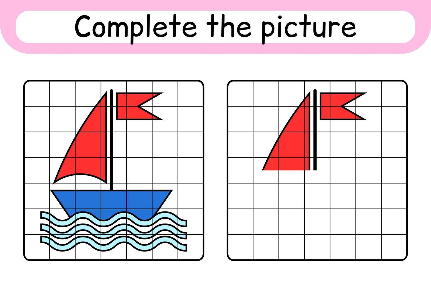 Vervollständigen Sie das Bild Schiff. Kopieren Sie das Bild und die Farbe. beende das Bild. Malbuch. pädagogisches Zeichenübungsspiel für Kinder vektor