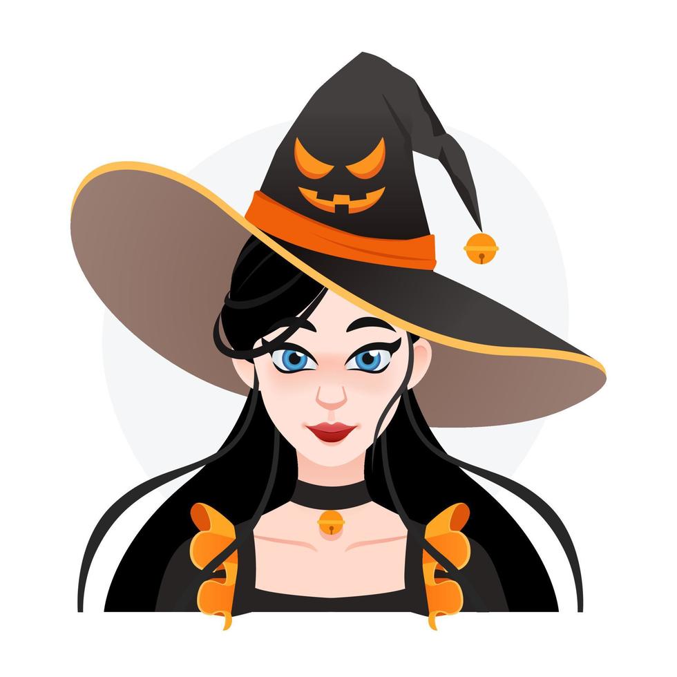 Asiatisches Halloween-Zaubermädchen mit großem Hut und wütendem Gesicht. hübscher lustiger Hexenavatar für Spiel und Werbung. vektor