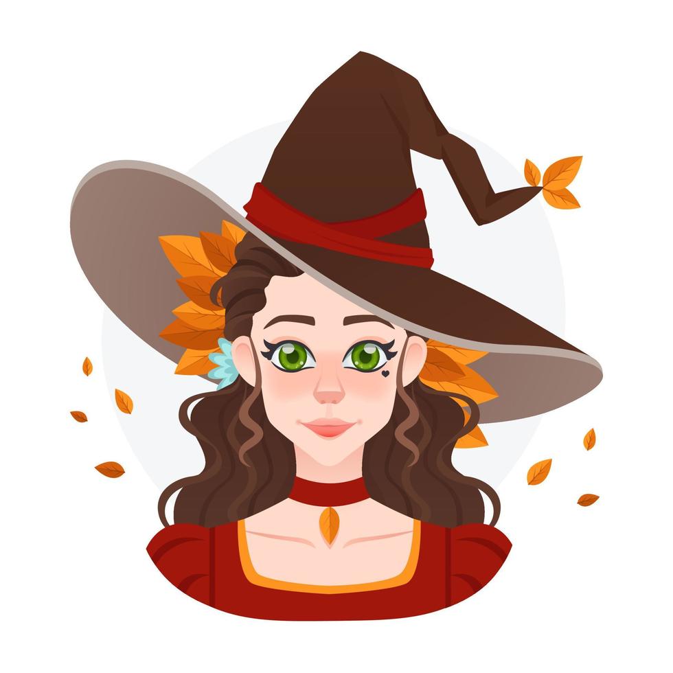 hübscher herbsthexenavatar für spiel oder werbung. Halloween-Zaubermädchen mit großem Hut und gelben Blättern. altes Kleid vektor