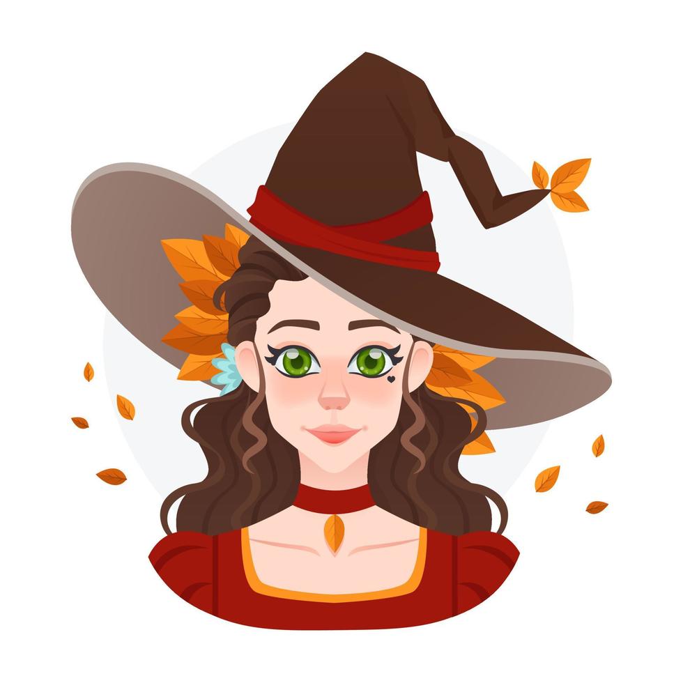 vacker hösthäxavatar för spel eller reklam. halloween magiker flicka med stor hatt och gula blad. gammal klänning vektor
