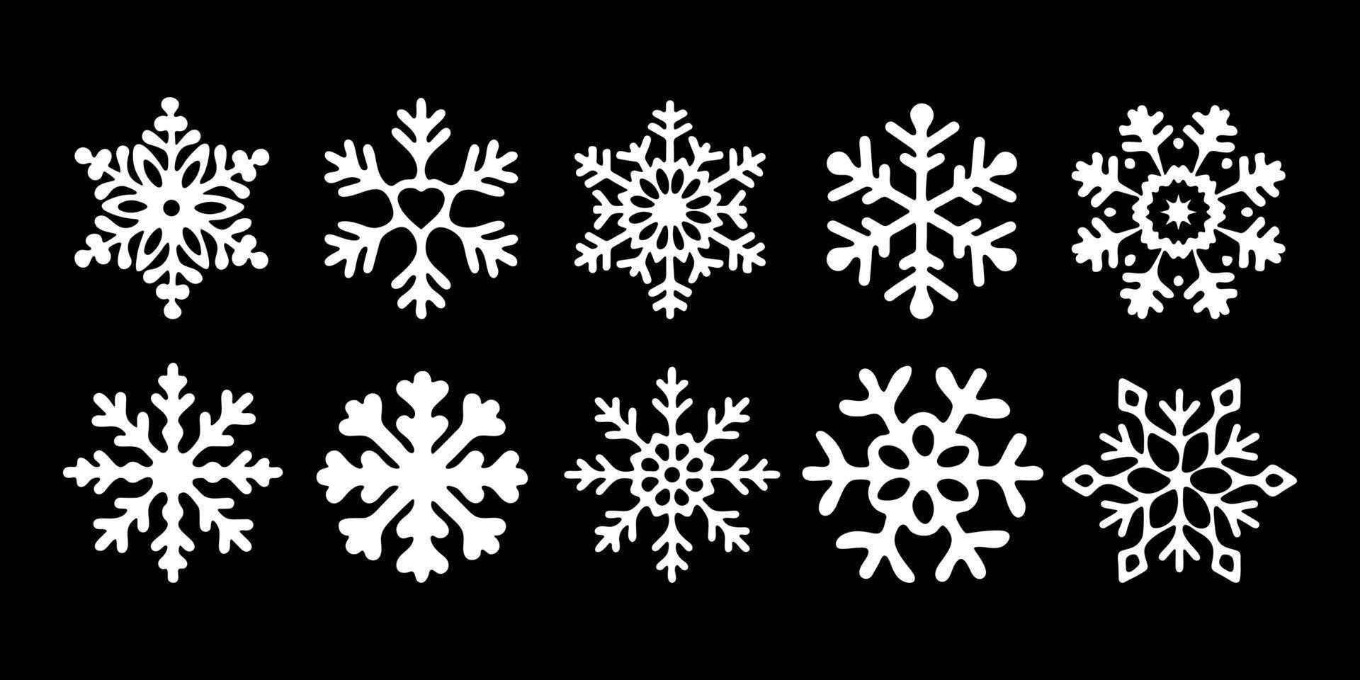 weiße Schneeflocken auf schwarzem Hintergrund. isolierte elemente in einem flachen stil. stilvolles set für ihr neues jahr oder weihnachtsdesign. Vektor-Illustration. vektor