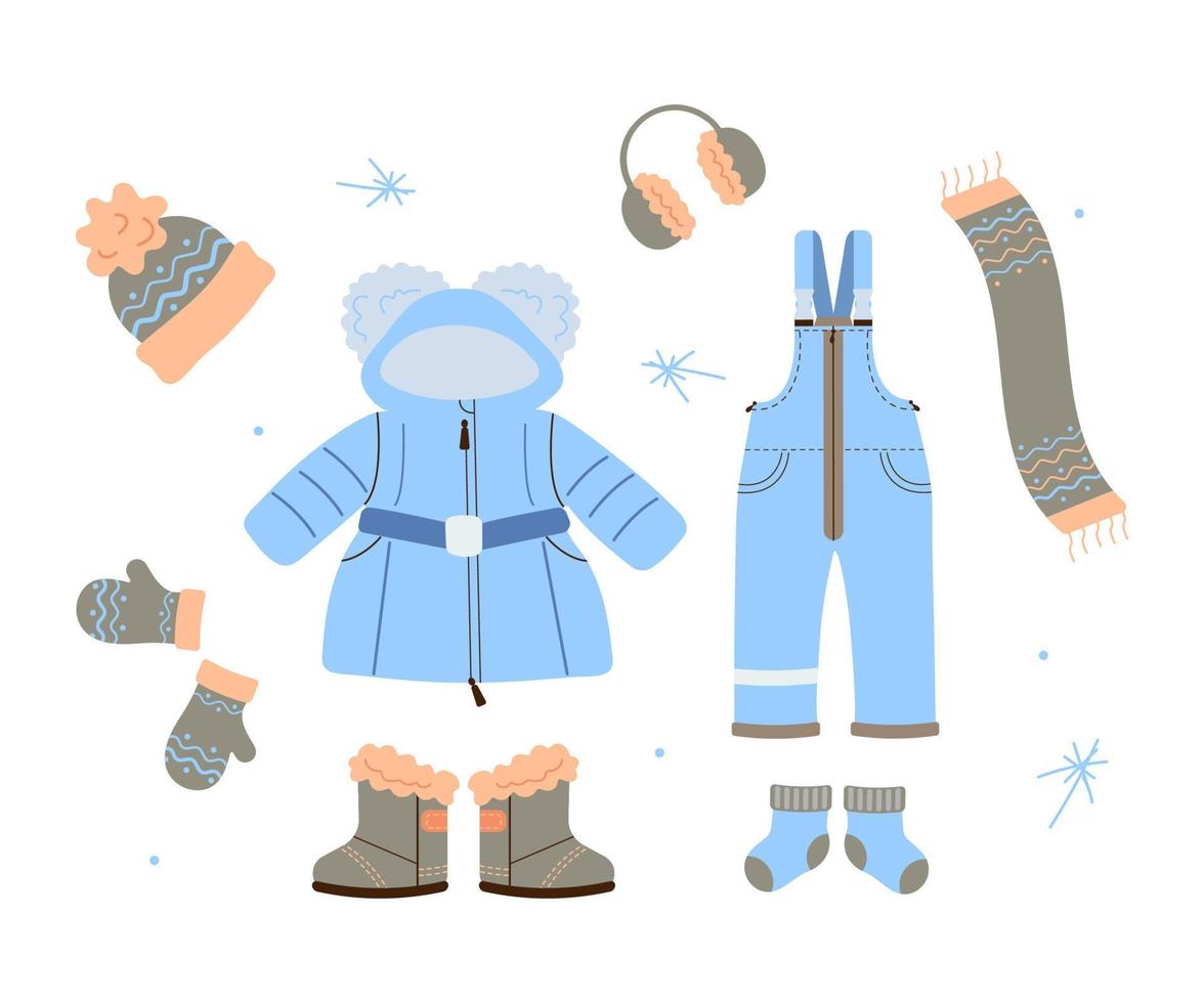uppsättning barn varma höst- och vinterkläder, tillbehör. barnkläder och accessoarer för kallt väder. platt vektorillustration. vektor