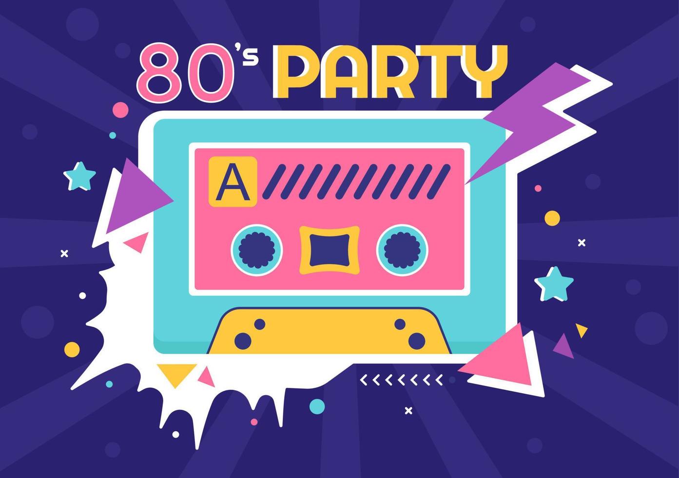 80-tals partytecknad bakgrundsillustration med retromusik, radiokassettspelare från 1980 och disco i gammaldags design vektor