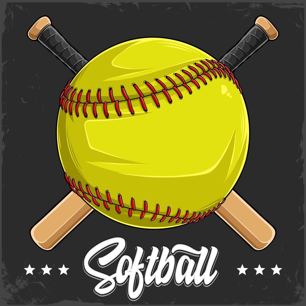 handritad gul softbollboll med röd snörning och två korsade softbollträn bakom vektor