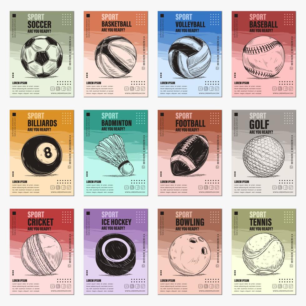 handgezeichnete skizzen von beliebten sportbällen poster set, detaillierte vintage ätzzeichnung vektor