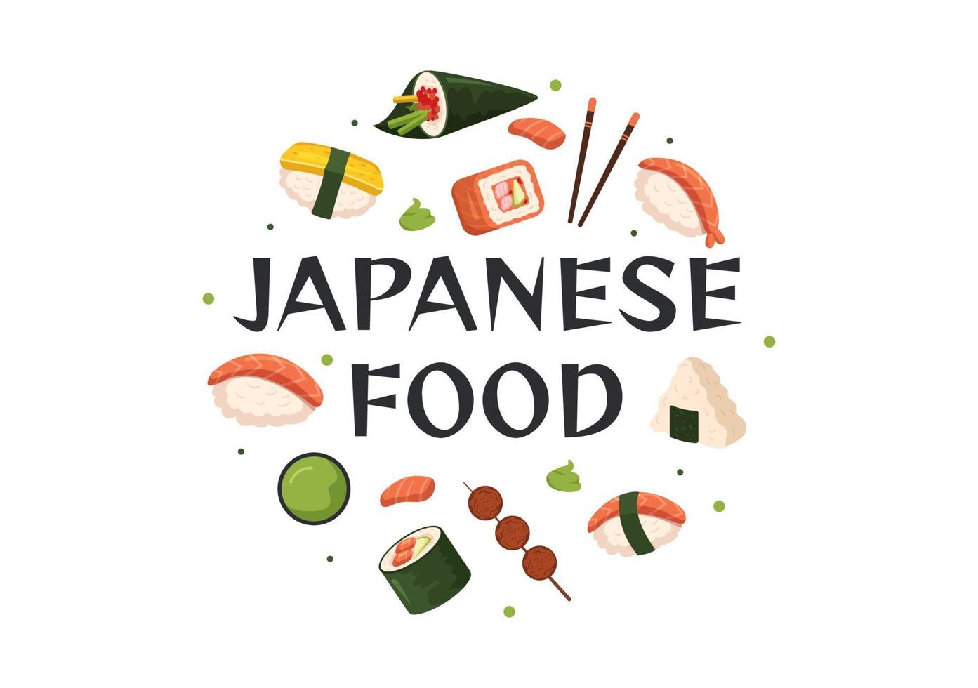 japansk mat tecknad illustration med olika läckra rätter i restaurangen som sushi på en tallrik, sashimi rulle och annat i platt stil vektor