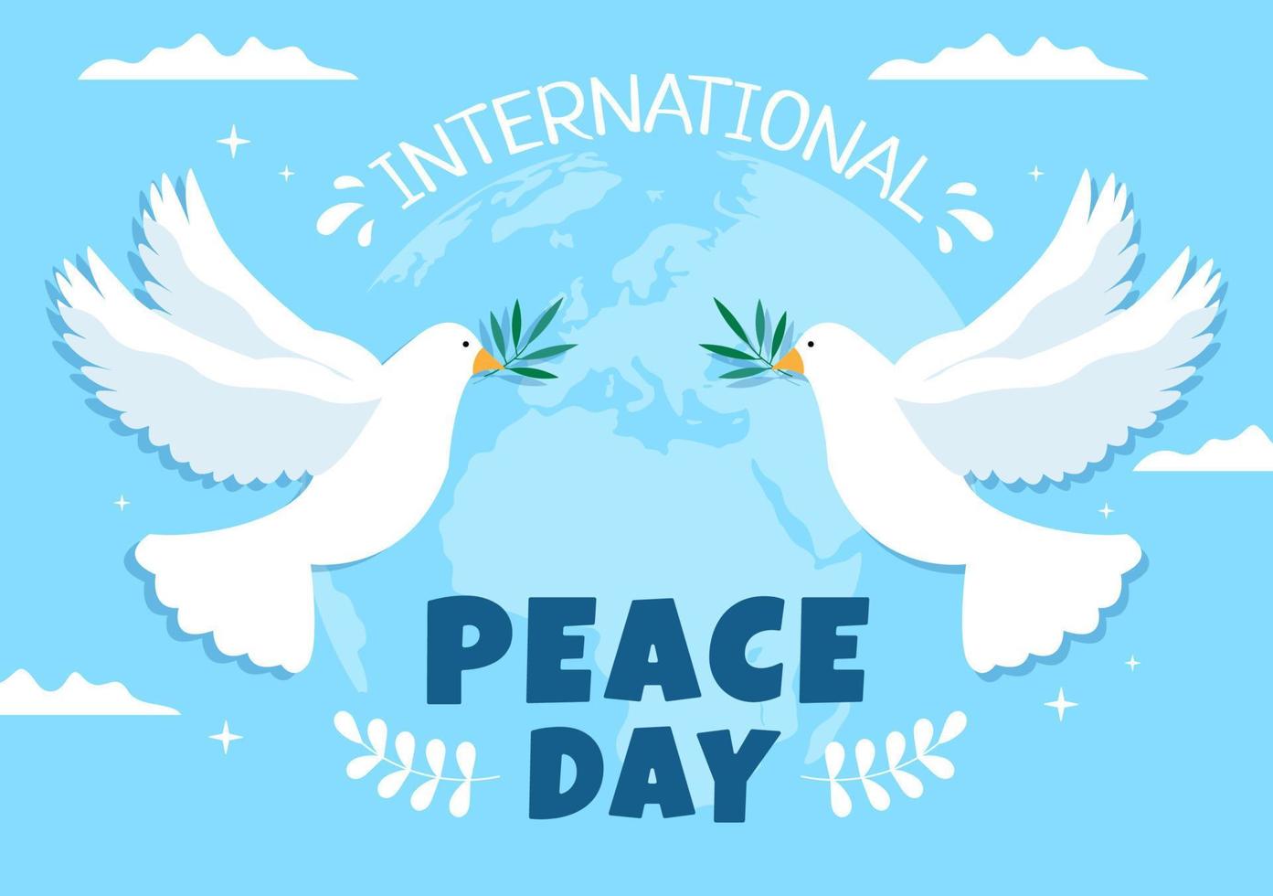 internationella fredsdagen tecknad illustration med händer, duva, jordglob och blå himmel för att skapa välmående i världen i platt stildesign vektor