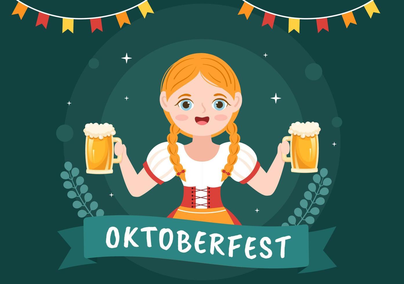 oktoberfest festival tecknad illustration med bayersk kostym som håller ölmuggar medan du dansar på traditionell tysk i platt stildesign vektor