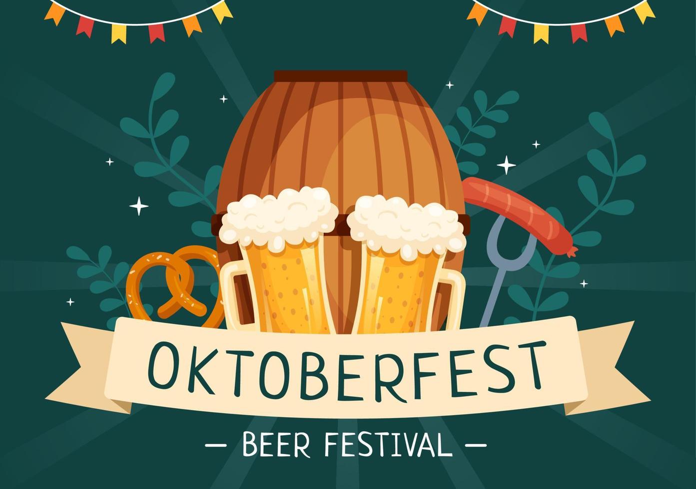 oktoberfest festival cartoon illustration mit bierglas oder flasche in traditionellem deutsch im flachen hintergrunddesign vektor