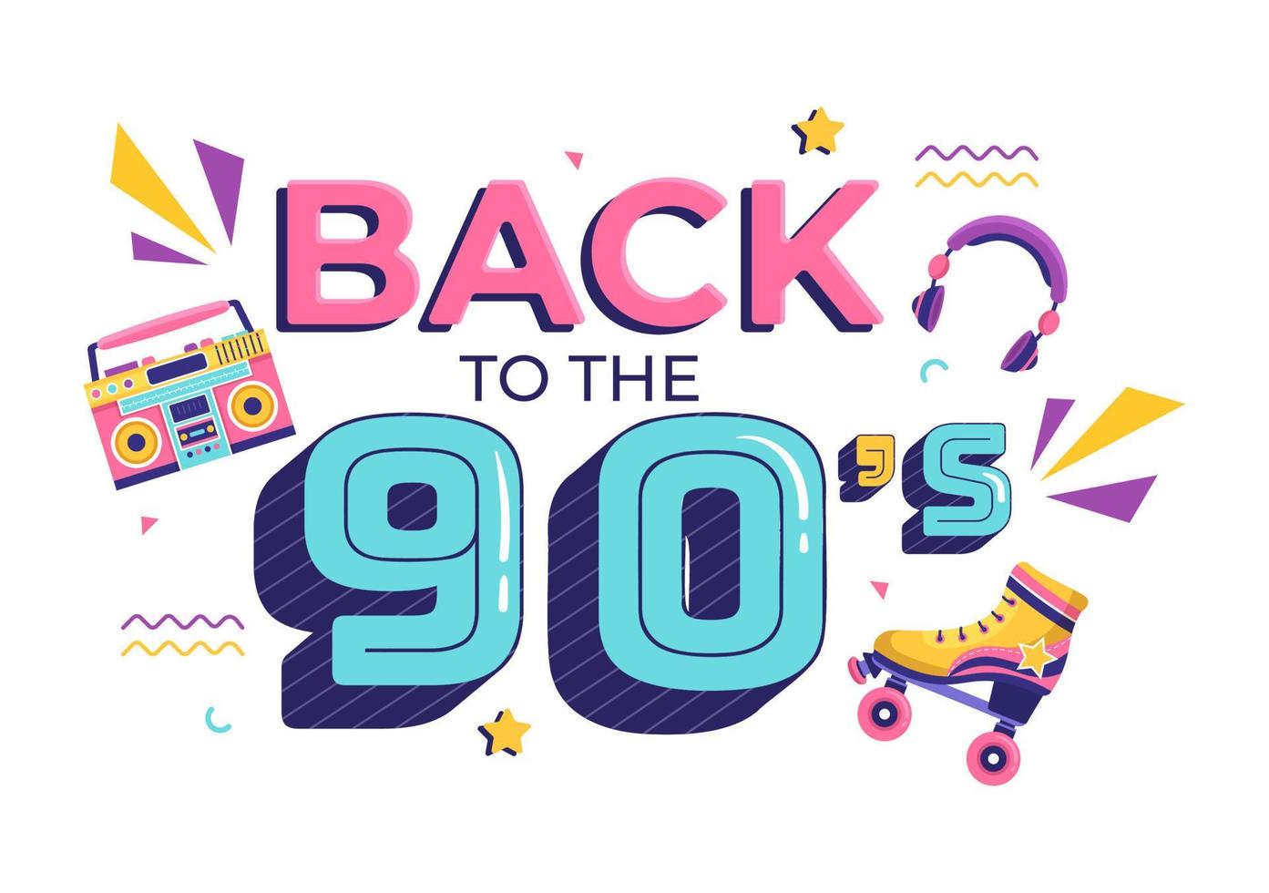 90er Jahre Retro-Party-Cartoon-Hintergrundillustration mit Musik der 90er Jahre, Turnschuhen, Radio, Tanzzeit und Bandkassette im trendigen flachen Design vektor