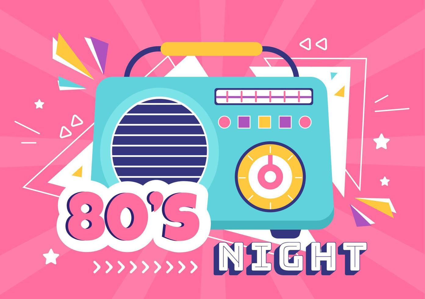 80-tals partytecknad bakgrundsillustration med retromusik, radiokassettspelare från 1980 och disco i gammaldags design vektor
