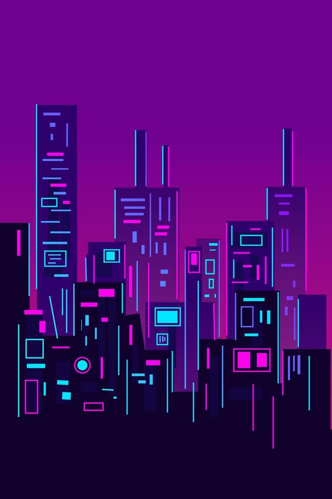 City Cyberpunk Neon Line Art Design Skyline mit Gebäuden, Türmen. glühende lichter des stadtbildes, architekturvektorillustration. vektor