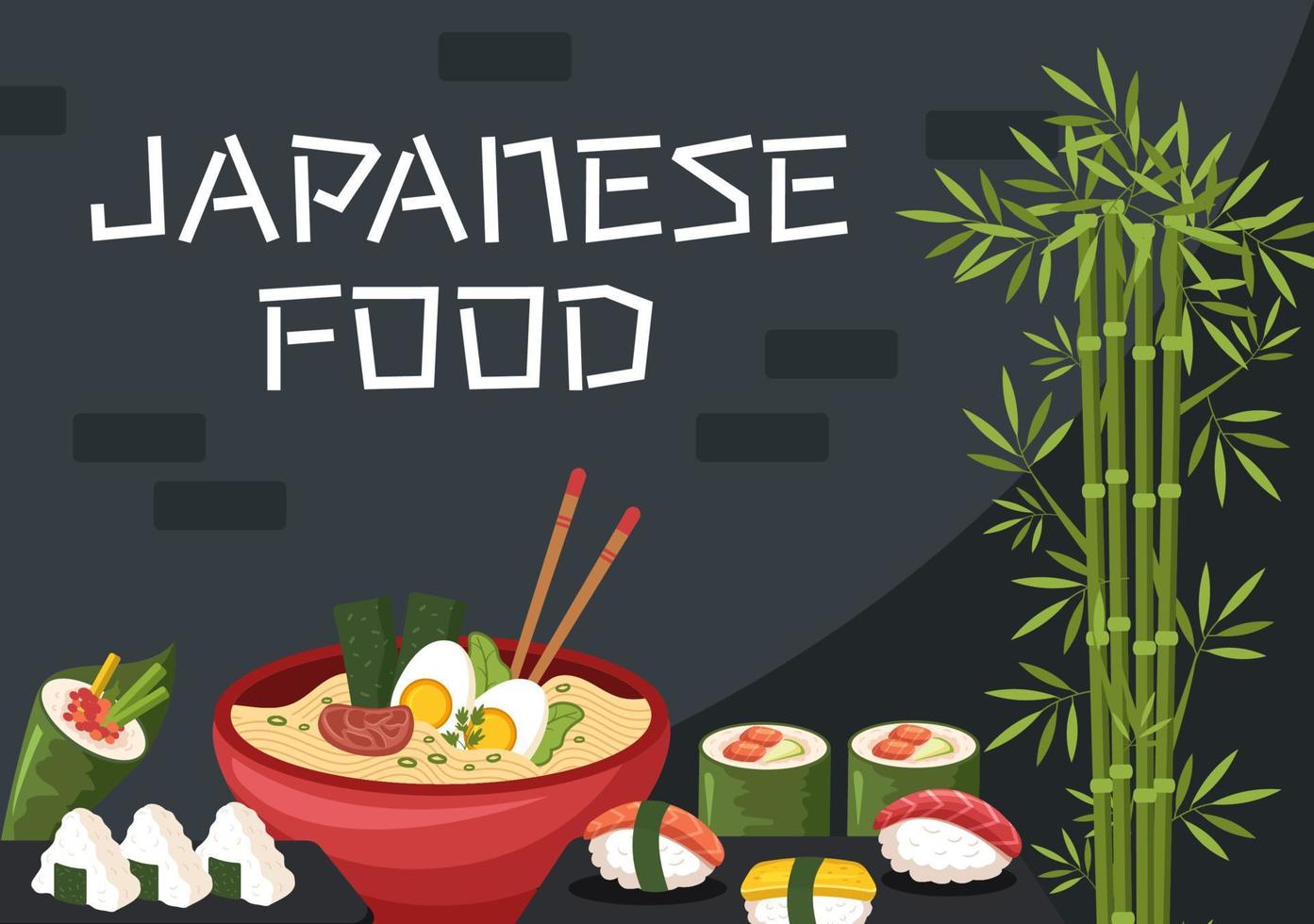 japansk mat tecknad illustration med olika läckra rätter i restaurangen som sushi på en tallrik, sashimi rulle och annat i platt stil vektor