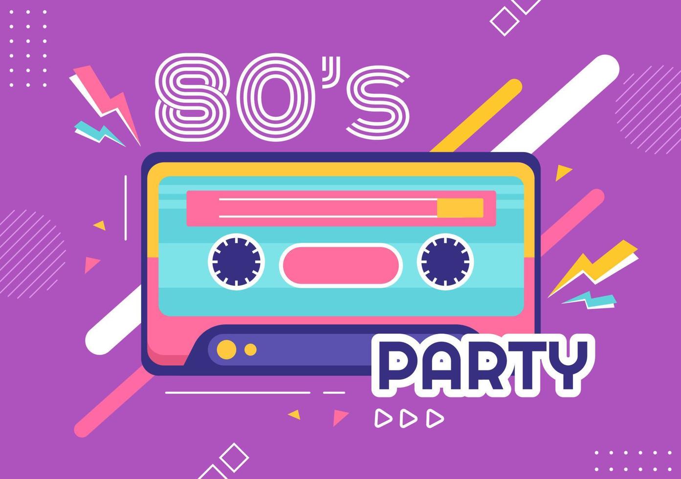 80-tals partytecknad bakgrundsillustration med retromusik, radiokassettspelare från 1980 och disco i gammaldags design vektor