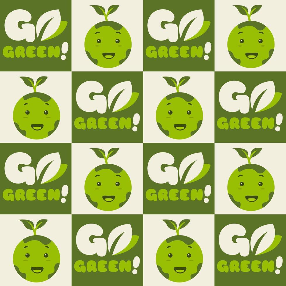 Illustrationsvektorgrafik-Musterdesign mit Erde-Cartoon-Figur im flachen Kawaii-Doodle-Stil. geeignet für Go Green-Thema, Save the Planet-Kampagne, umweltfreundliches Produkt usw. vektor