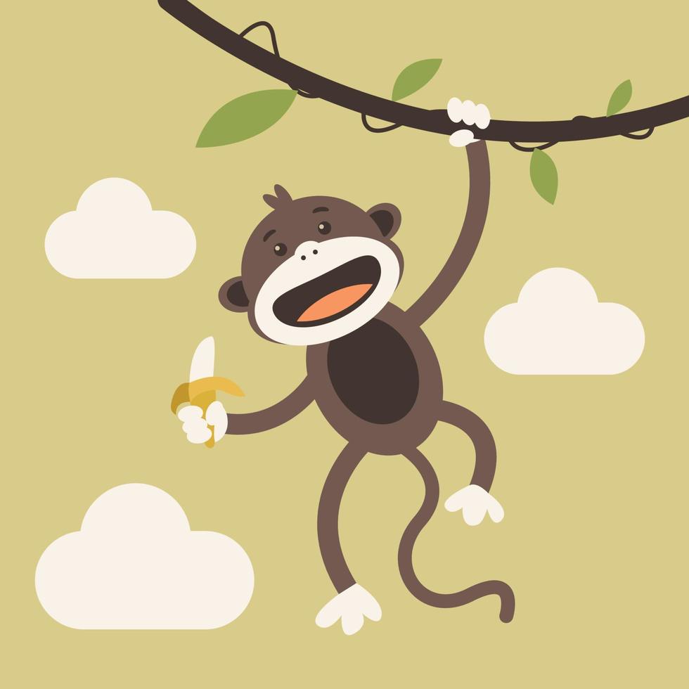 illustration vektorgrafik seriefigur av söt apa i platt kawaii doodle stil hängande från en gren, äta en banan. lämplig för barnbok, barn-t-shirt och merchandise, etc. vektor