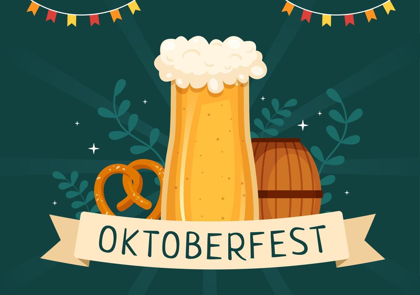 oktoberfest festival cartoon illustration mit bierglas oder flasche in traditionellem deutsch im flachen hintergrunddesign vektor