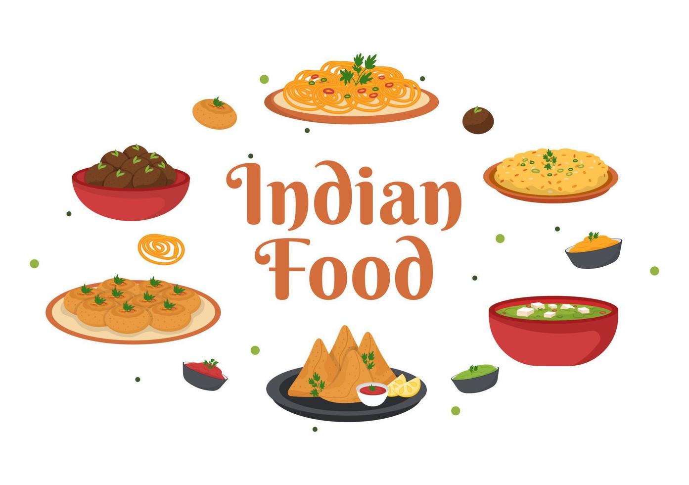 indische lebensmittelkarikaturillustration mit verschiedener sammlung köstlicher traditioneller küchengerichte im flachen stildesign vektor