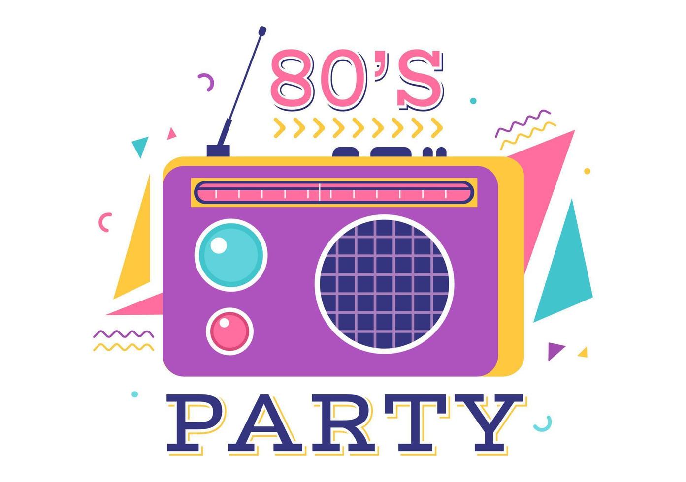 80er-Jahre-Party-Cartoon-Hintergrundillustration mit Retro-Musik, 1980-Radiokassettenspieler und Disco im alten Design vektor