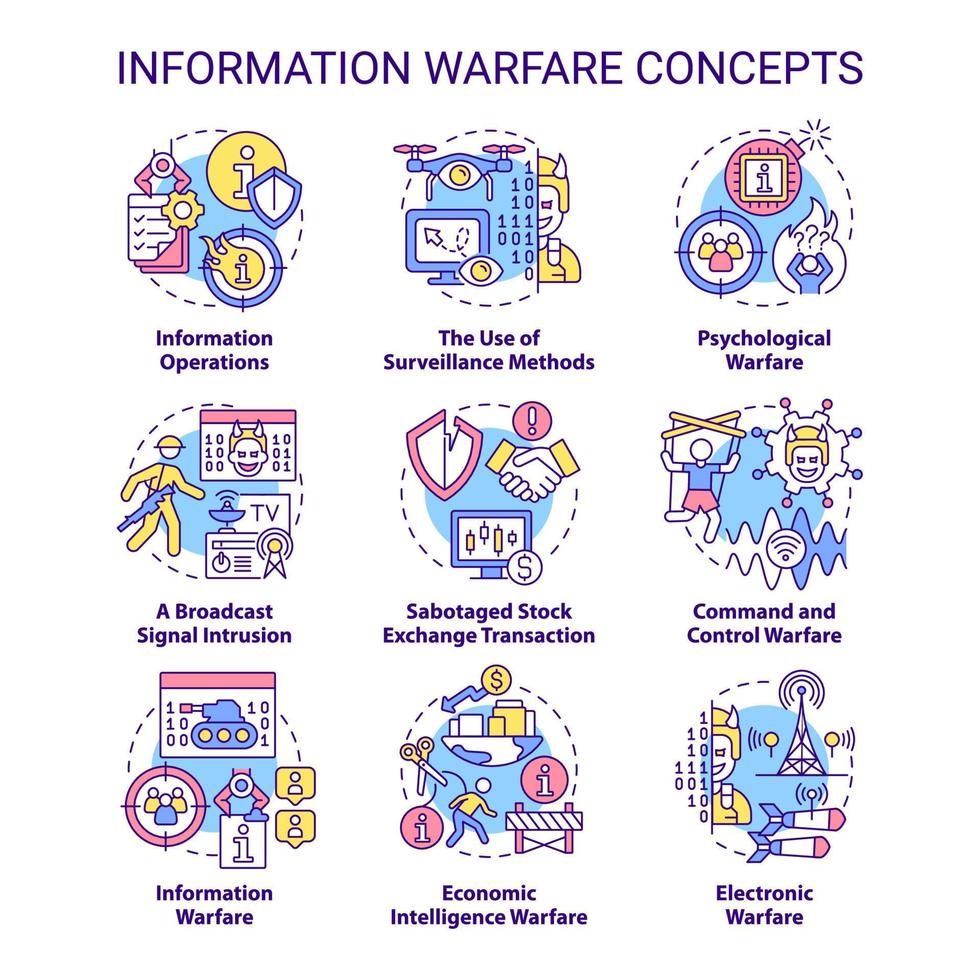 information krigföring konceptet ikoner set. vilseleda motståndare. strategi och taktik idé tunn linje färgillustrationer. isolerade symboler. redigerbar linje. vektor