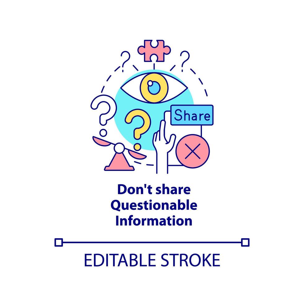 Teilen Sie kein fragwürdiges Informationskonzept-Symbol. Bekämpfung von Fehlinformationen abstrakte Idee dünne Linie Illustration. isolierte Umrisszeichnung. editierbarer Strich. vektor