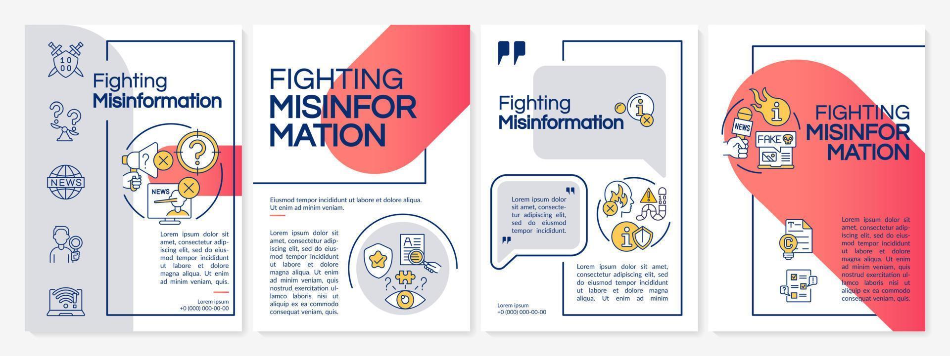 Bekämpfung von Fehlinformationen rote und graue Broschürenvorlage. Informationskrieg. Broschürendesign mit linearen Symbolen. 4 Vektorlayouts für Präsentationen, Jahresberichte. vektor