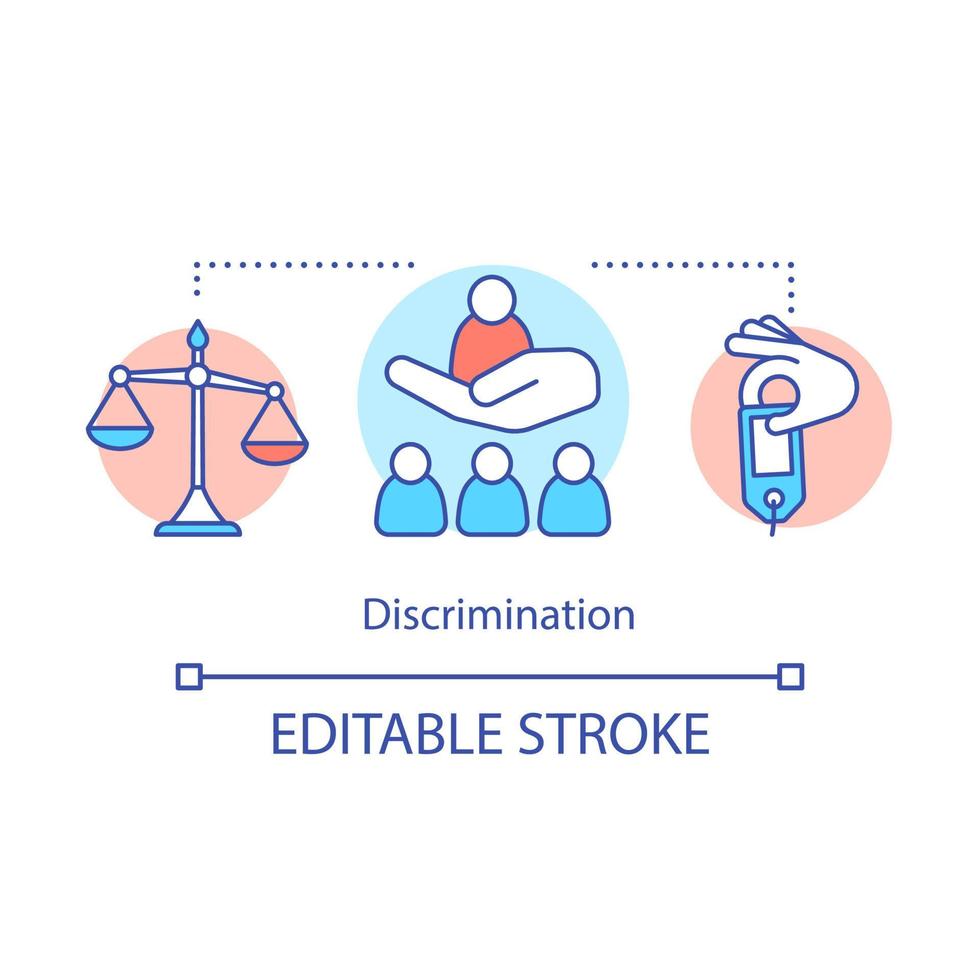 Symbol für das Diskriminierungskonzept. menschenrechtsidee dünne linie illustration. Vorurteile und Ungleichheit. Rassismus. Diskriminierung aufgrund des Geschlechts. sozialgesellschaftliche Probleme. Vektor isoliert Umrisszeichnung. editierbarer Strich