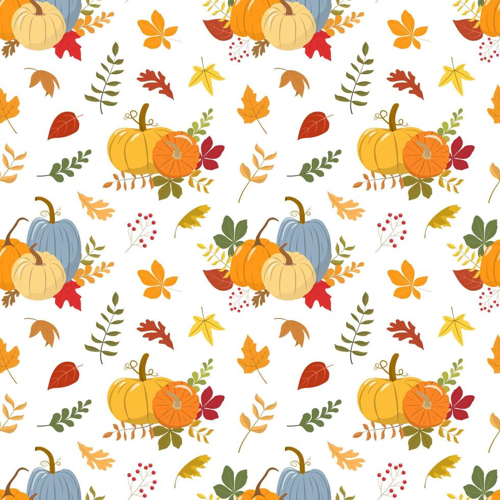 Herbsterntefest Vektor nahtloses Muster mit orangefarbenen und gelben Kürbissen, Farbwaldblättern. isoliert auf weißem Hintergrund. Abbildung der Herbsternte. Thanksgiving-Tapete.