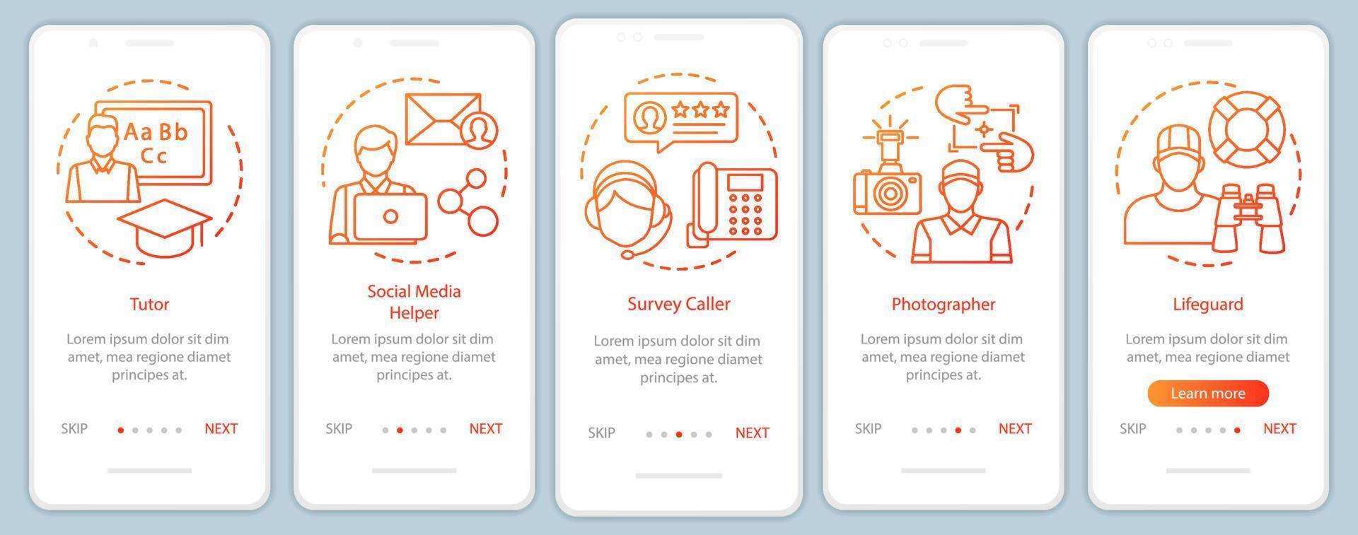 deltidsjobb orange onboarding mobil app sida skärm vektor handledare, fotograf, badvakt. genomgång av webbplatssteg med linjära illustrationer. ux, ui, gui smartphone gränssnitt koncept