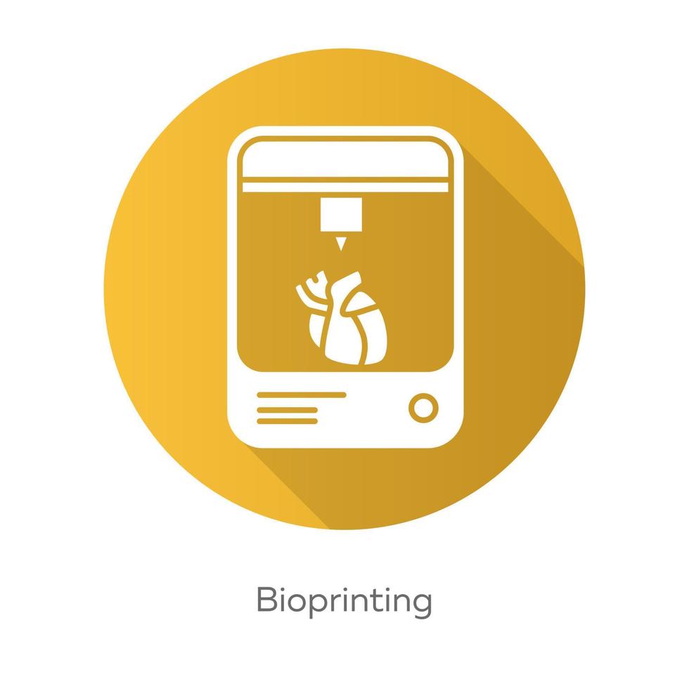 bioprinting gul platt design lång skugga glyfikon. artificiellt hjärta 3d-utskrift. levande organ som producerar. medicinsk teknik. bioteknik. vektor siluett illustration