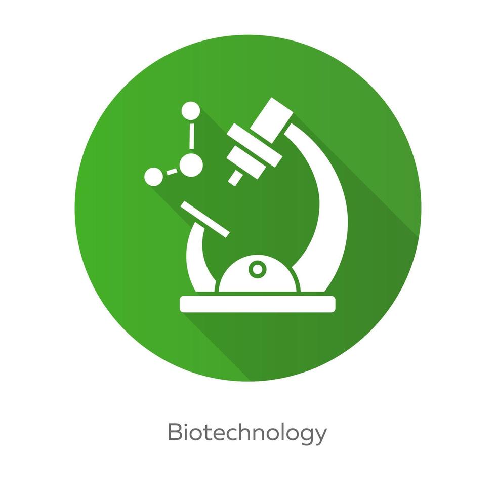 Biotechnologie grünes flaches Design lange Schatten-Glyphe-Symbol. Biotech. Molekularbiologie. Mikroskop und Molekül. Chemie Laborgeräte. Biochemie. Biotechnik. Vektor-Silhouette-Illustration vektor