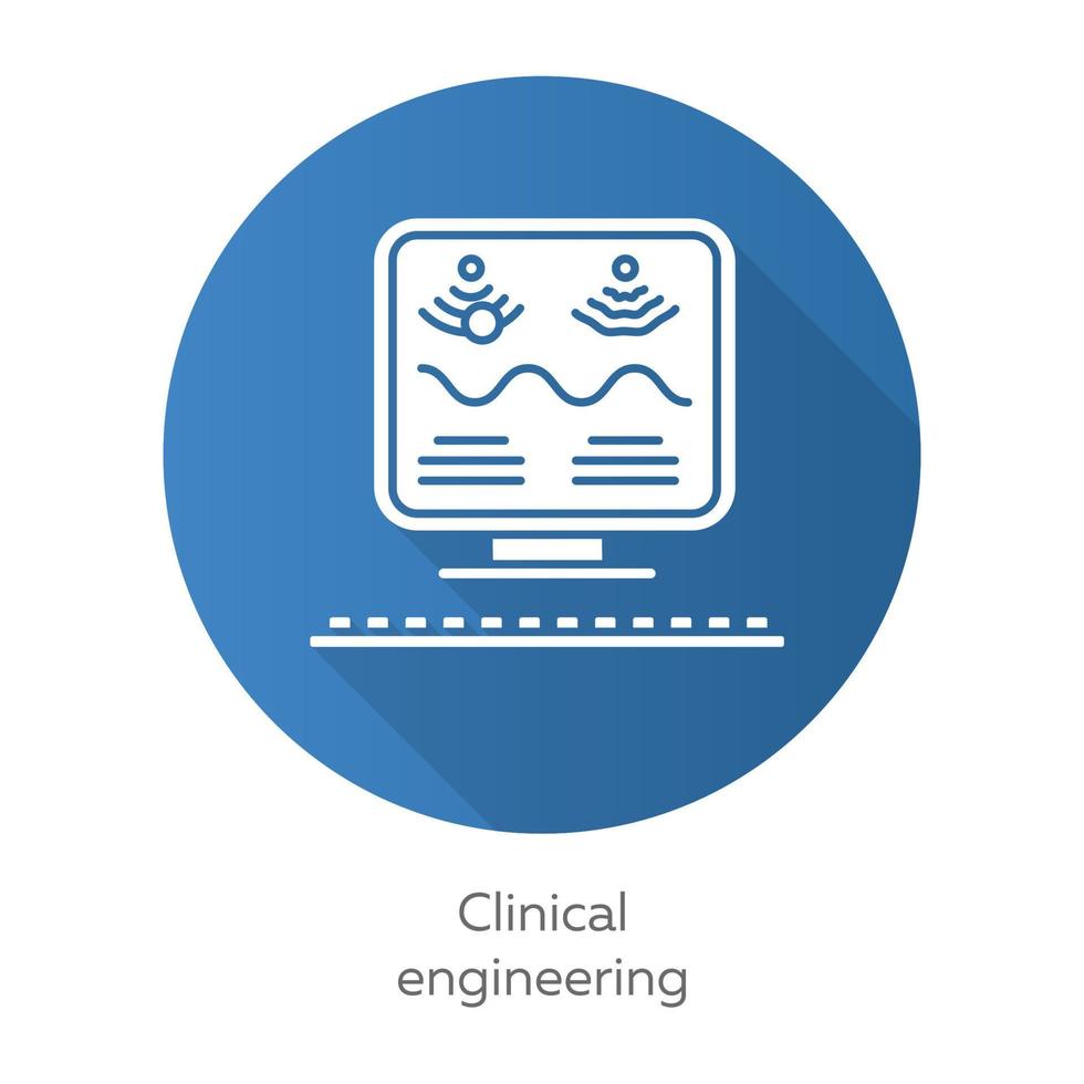 Klinische Technik blau flaches Design lange Schatten Glyphe Symbol. Technologiemanagement im Gesundheitswesen. Verwendung von biomedizinischen Ultraschallgeräten. Biotechnik. Vektor-Silhouette-Illustration vektor