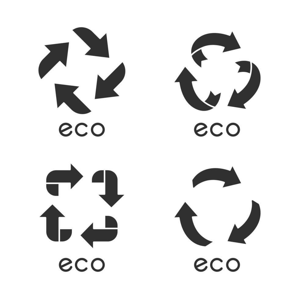 ekoetiketter glyfikoner set. pilar tecken. återvinna symboler. alternativ energi. miljöskydd klistermärken. miljövänliga kemikalier. siluett symboler. vektor isolerade illustration