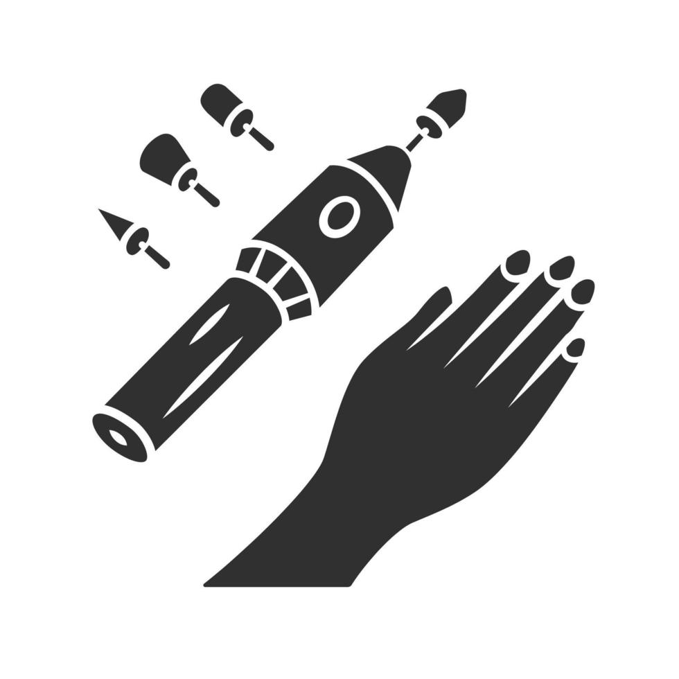 elektrisk manikyr glyfikon. elektrisk nagelfilsborr och munstycken. skönhetsapparat för salong och hemmabruk. nagelvård. handhygien. siluett symbol. negativt utrymme. vektor isolerade illustration