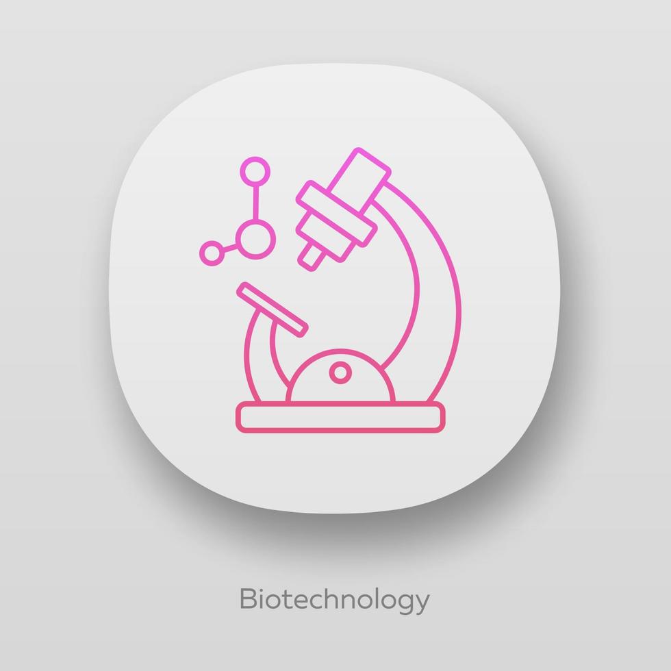 Biotechnologie-App-Symbol. Biotech. Molekularbiologie. Mikroskop und Molekül. Laborforschung. Biochemie. ui ux-Benutzeroberfläche. Web- oder mobile Anwendungen. Vektor isolierte Illustrationen