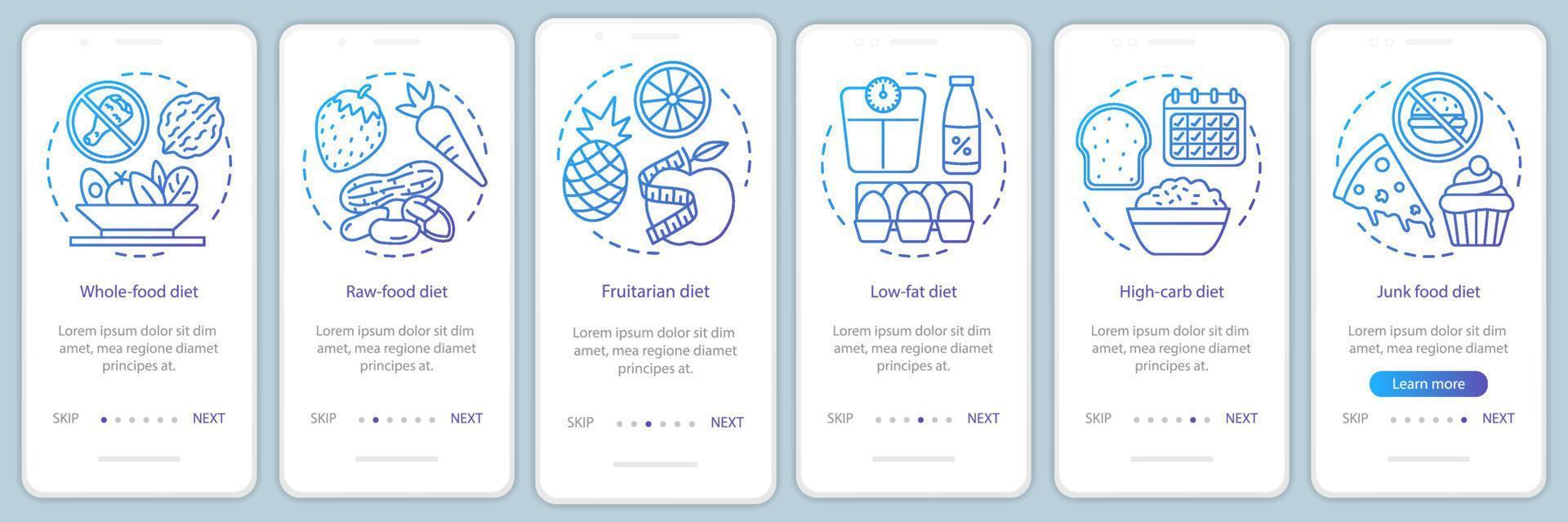 diättypen onboarding mobile app seitenbildschirm vektorvorlage. vegetarische Lebensstil-Walkthrough-Website-Schritte mit linearen Illustrationen. vegane Ernährung. ux, ui, gui smartphone-schnittstellenkonzept vektor