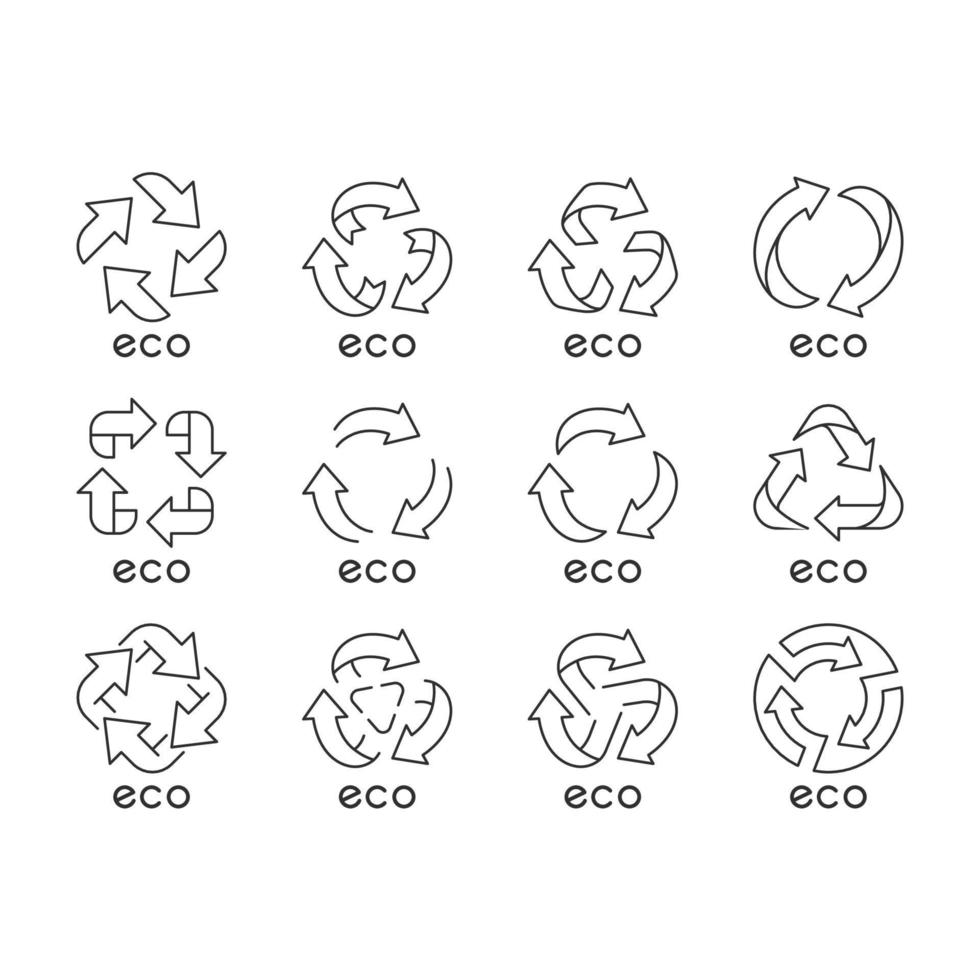 Lineare Symbole gesetzt. Pfeile Zeichen. Symbole recyceln. alternative Energie. Umweltschutz-Embleme. Zero-Waste-Produkte. dünne Linienkontursymbole. isolierte Vektorgrafiken. editierbarer Strich vektor