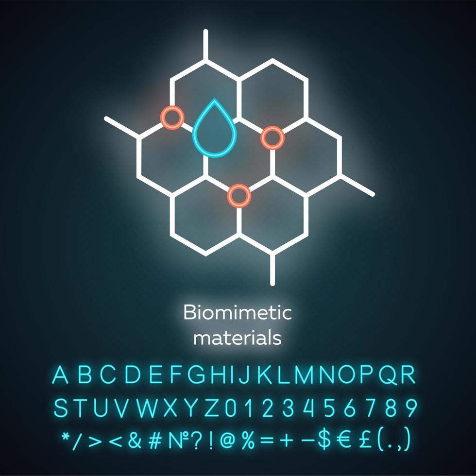 biomimetiska material neonljusikon. biologiska materialstruktur. honungskaka, vattendroppe. bioteknik. glödande tecken med alfabet, siffror och symboler. vektor isolerade illustration