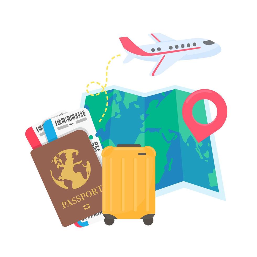 världskartan är fäst för att planera resor med internationella flygbolag. med bagage och flygbiljetter vektor