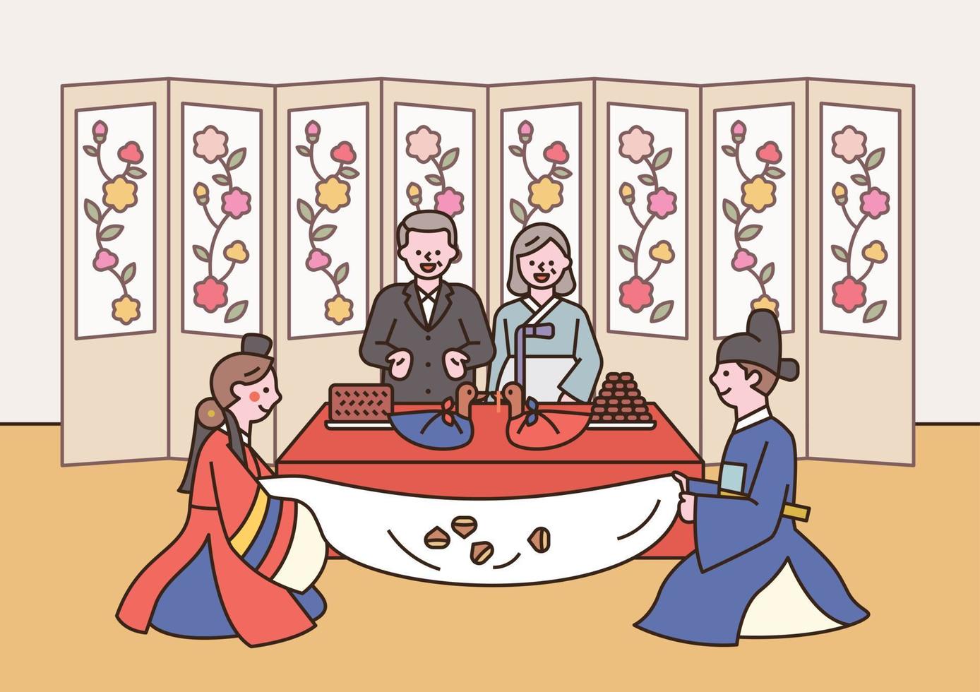 koreanische traditionelle hochzeit. das brautpaar sitzt vor seinen eltern und hört sich glückwünsche an. vektor