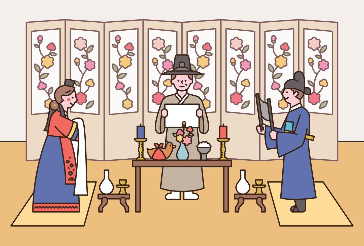 traditionellt koreanskt bröllop. brudgummen och bruden står inför varandra med ett bord emellan. den person som förrättar är värd för bröllopet. vektor